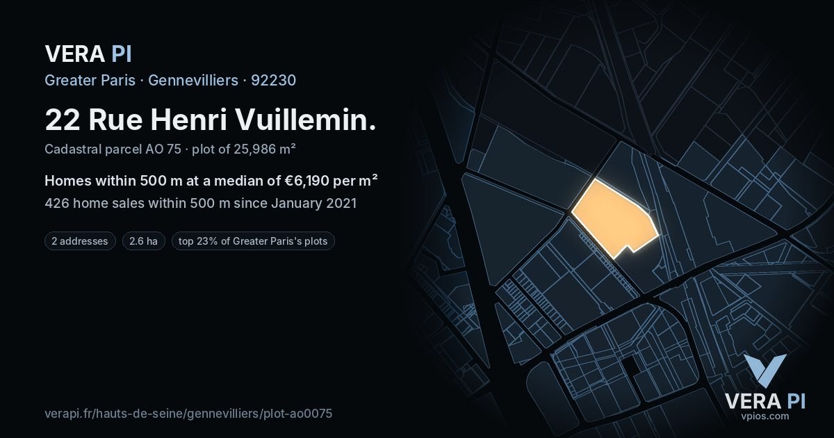 22 Rue Henri Vuillemin, Gennevilliers at night – the plot lit, the parcels around coloured by the prices near them