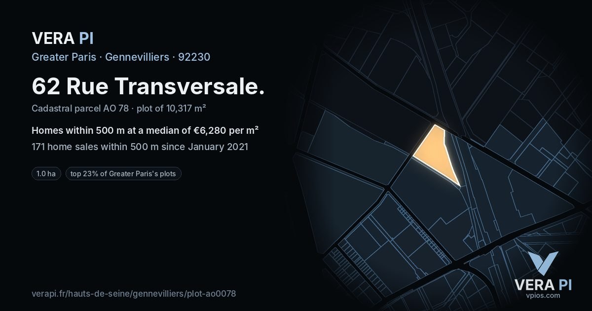 62 Rue Transversale, Gennevilliers at night – the plot lit, the parcels around coloured by the prices near them