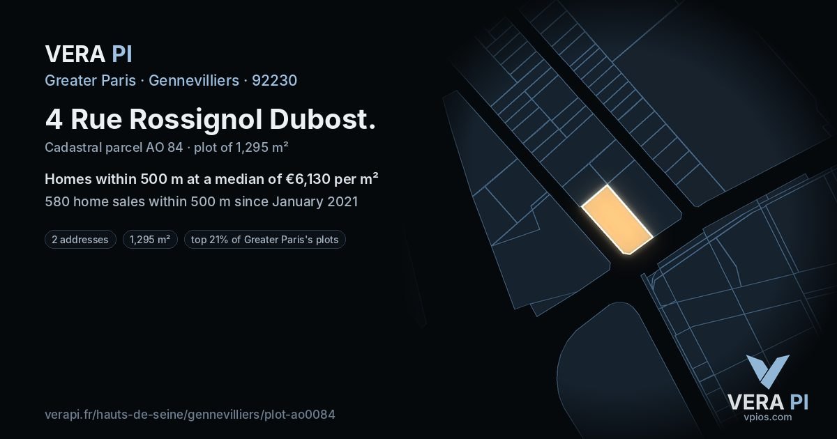 4 Rue Rossignol Dubost, Gennevilliers at night – the plot lit, the parcels around coloured by the prices near them