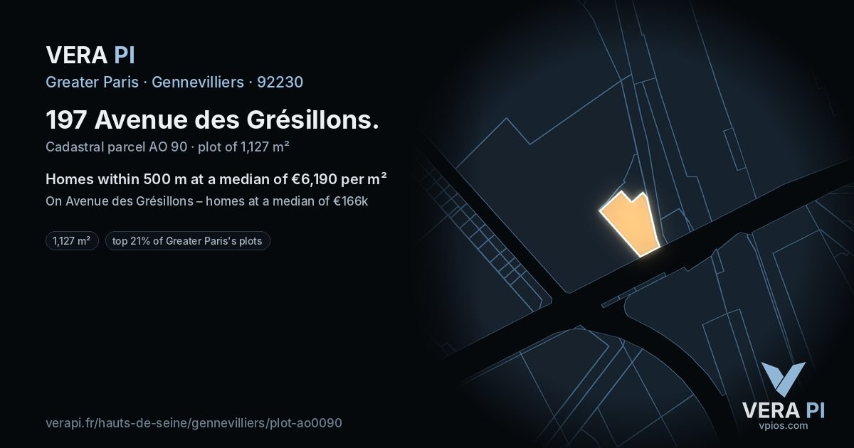 197 Avenue des Grésillons, Gennevilliers at night – the plot lit, the parcels around coloured by the prices near them