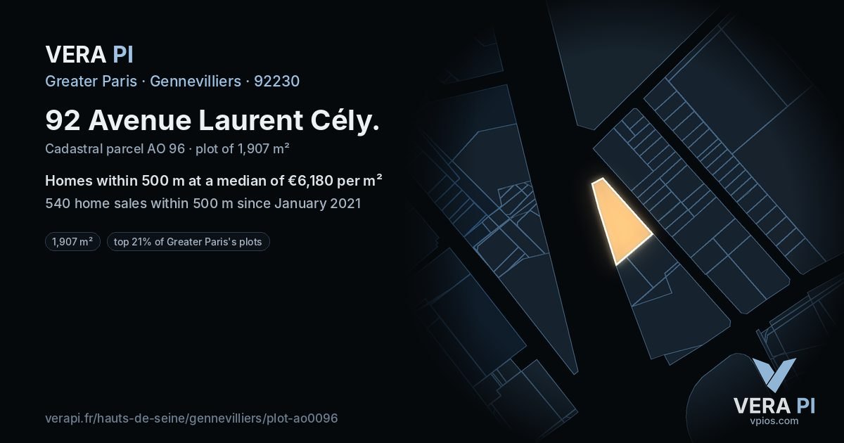 92 Avenue Laurent Cély, Gennevilliers at night – the plot lit, the parcels around coloured by the prices near them