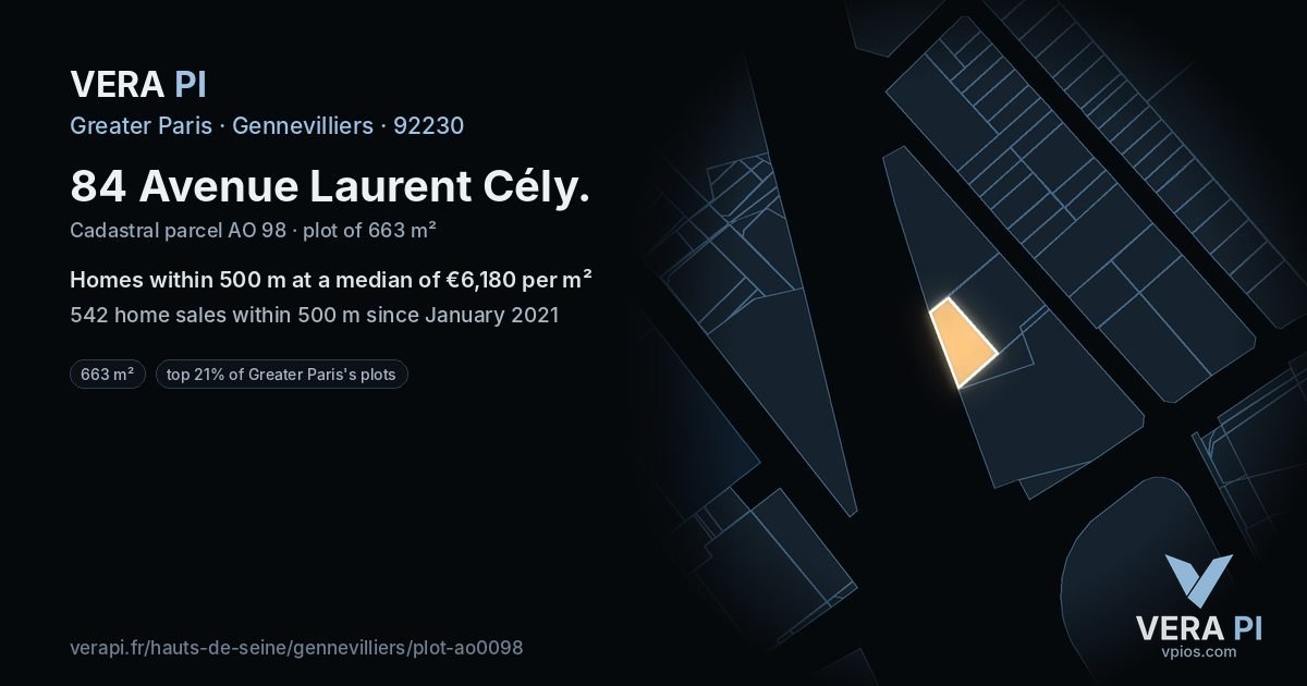 84 Avenue Laurent Cély, Gennevilliers at night – the plot lit, the parcels around coloured by the prices near them