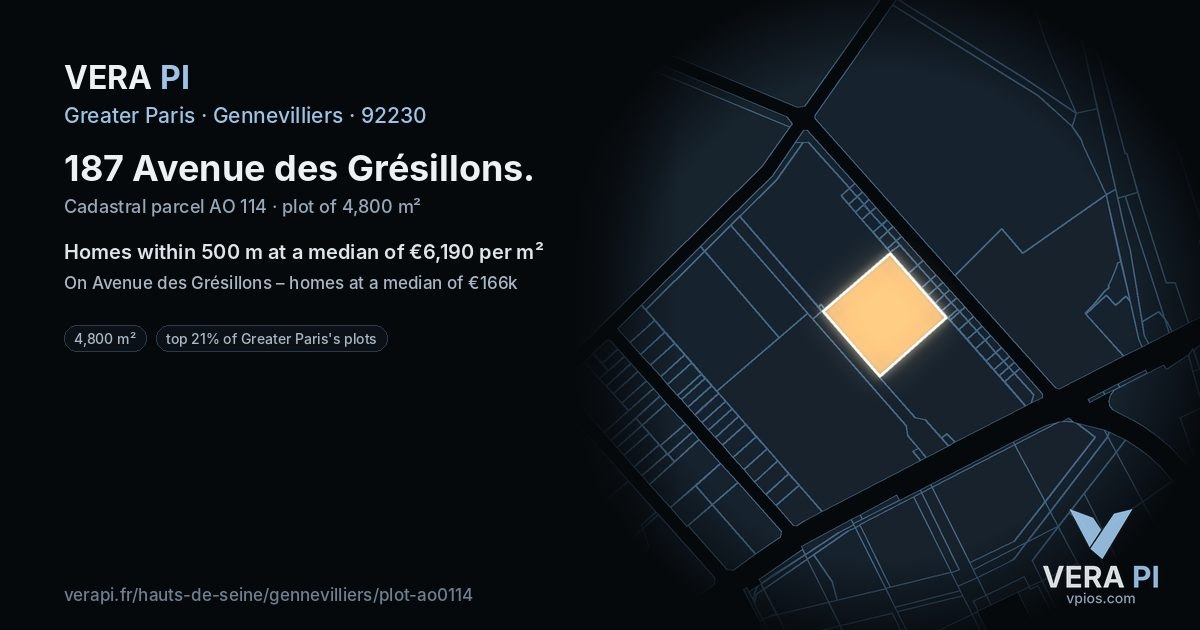 187 Avenue des Grésillons, Gennevilliers at night – the plot lit, the parcels around coloured by the prices near them