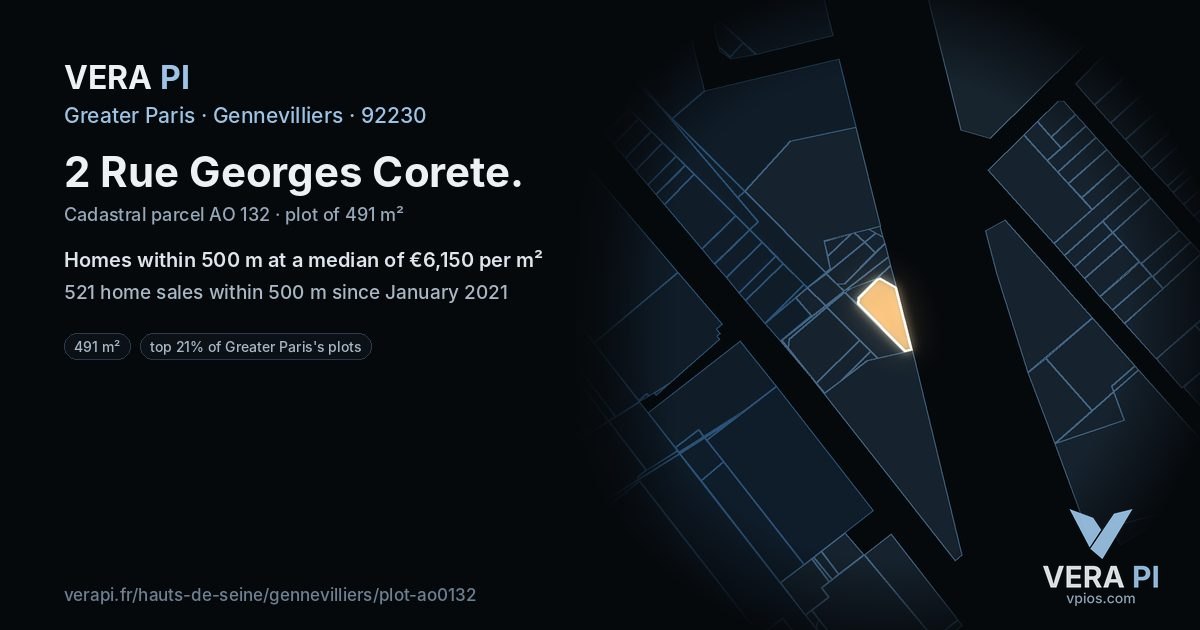 2 Rue Georges Corete, Gennevilliers at night – the plot lit, the parcels around coloured by the prices near them