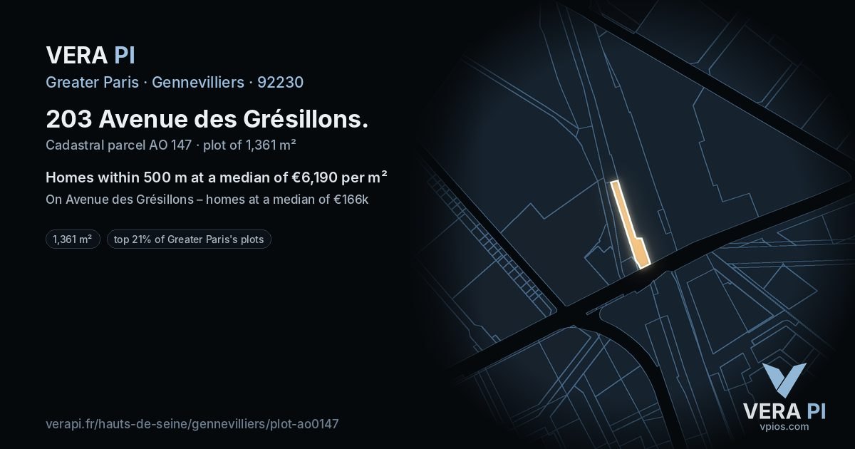 203 Avenue des Grésillons, Gennevilliers at night – the plot lit, the parcels around coloured by the prices near them