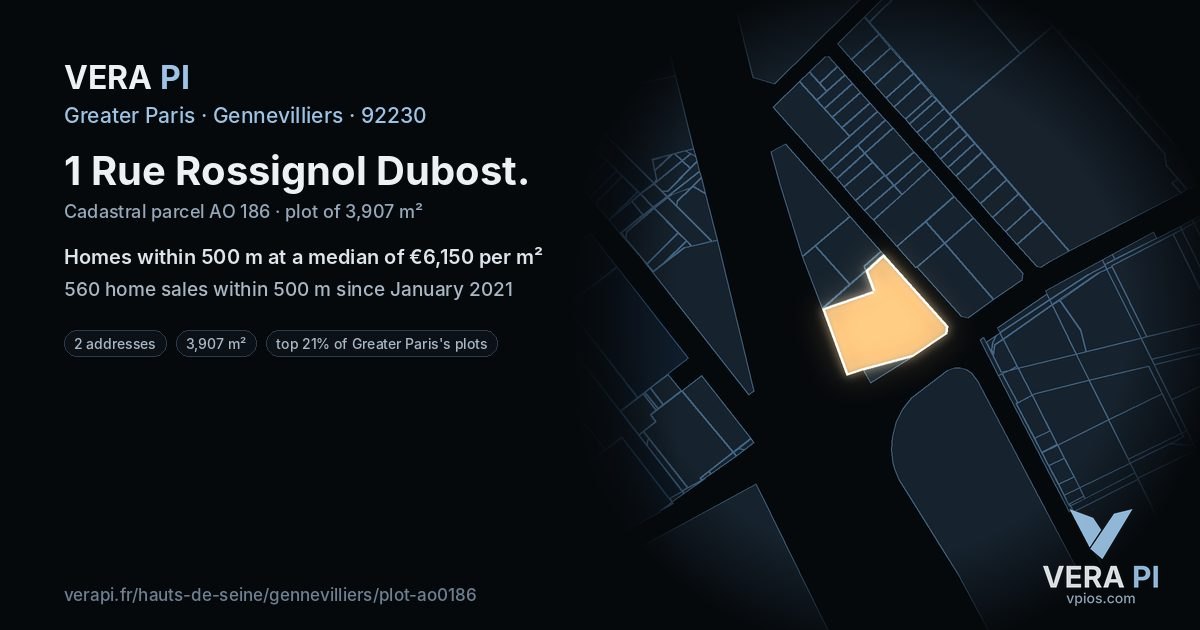 1 Rue Rossignol Dubost, Gennevilliers at night – the plot lit, the parcels around coloured by the prices near them