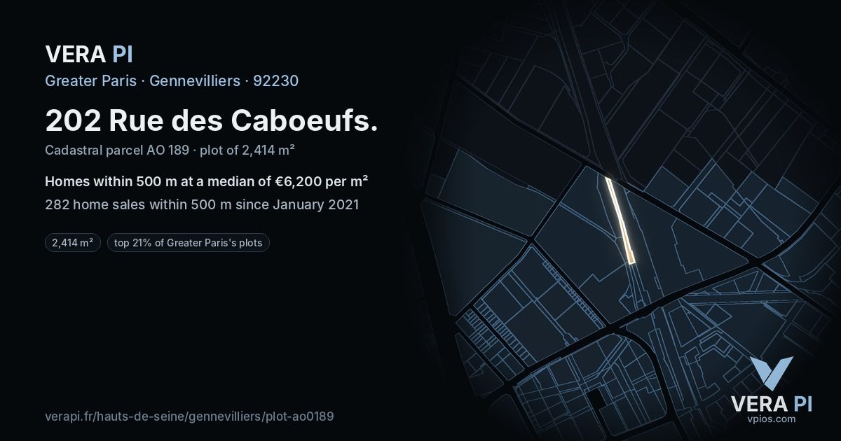 202 Rue des Caboeufs, Gennevilliers at night – the plot lit, the parcels around coloured by the prices near them