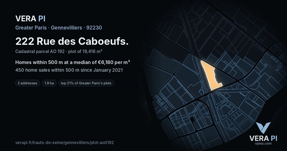 222 Rue des Caboeufs, Gennevilliers at night – the plot lit, the parcels around coloured by the prices near them