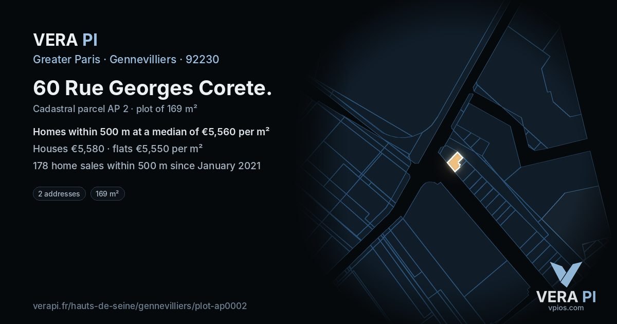 60 Rue Georges Corete, Gennevilliers at night – the plot lit, the parcels around coloured by the prices near them
