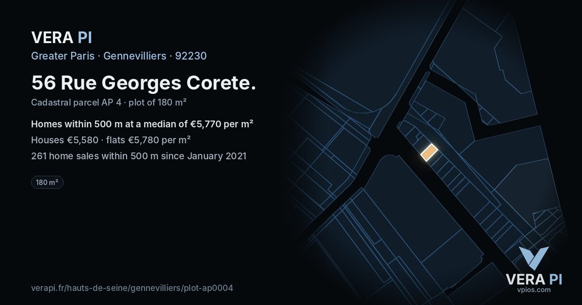 56 Rue Georges Corete, Gennevilliers at night – the plot lit, the parcels around coloured by the prices near them