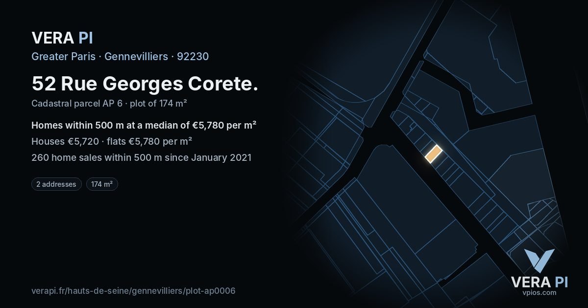 52 Rue Georges Corete, Gennevilliers at night – the plot lit, the parcels around coloured by the prices near them