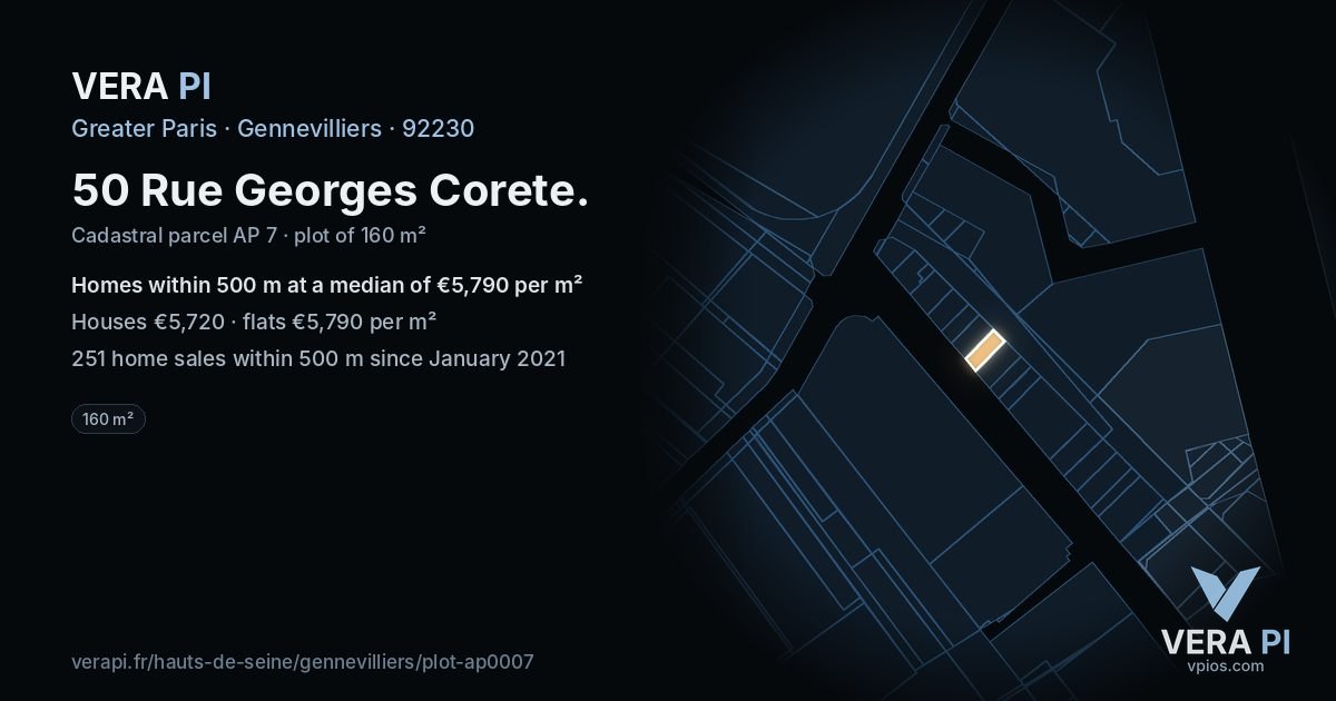 50 Rue Georges Corete, Gennevilliers at night – the plot lit, the parcels around coloured by the prices near them