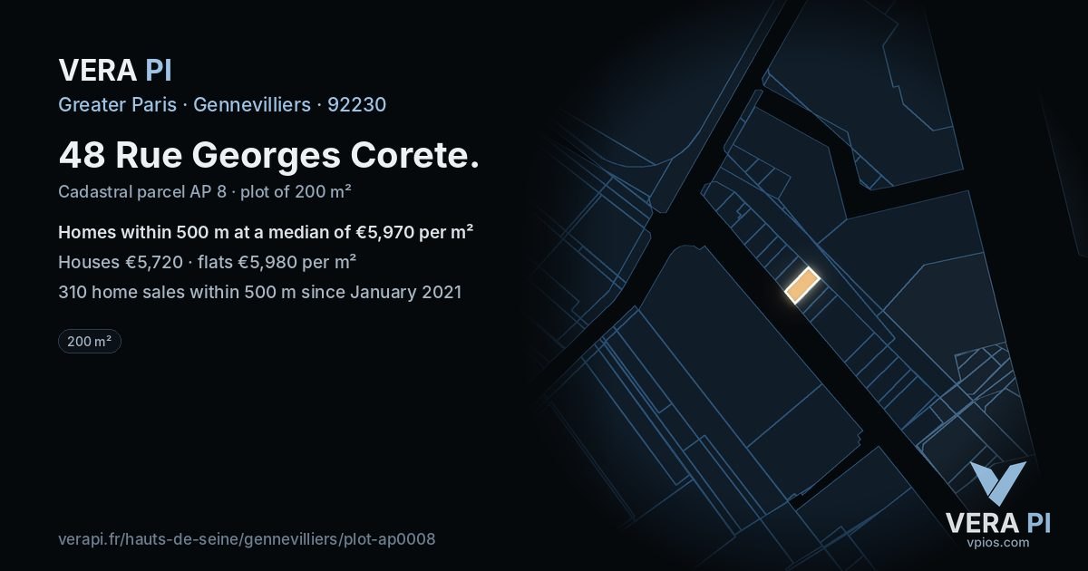 48 Rue Georges Corete, Gennevilliers at night – the plot lit, the parcels around coloured by the prices near them