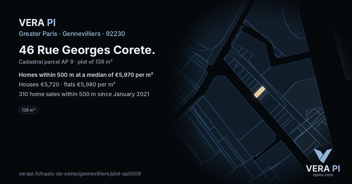 46 Rue Georges Corete, Gennevilliers at night – the plot lit, the parcels around coloured by the prices near them