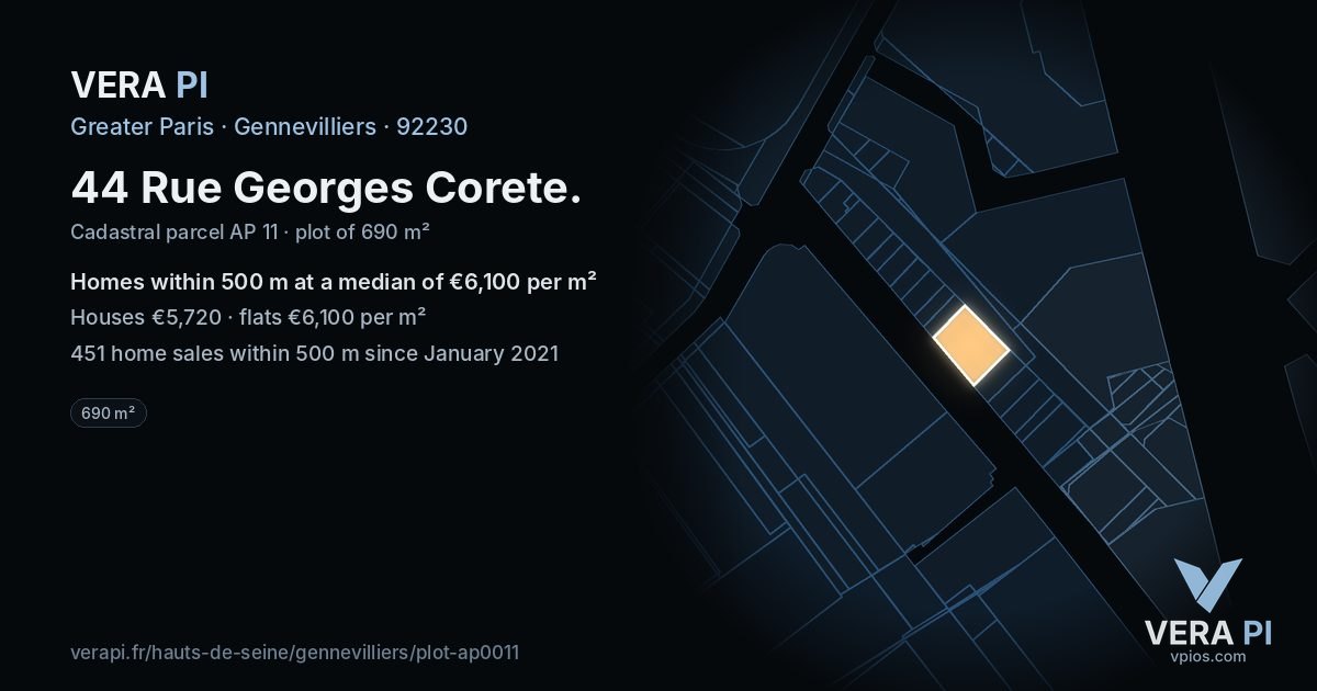 44 Rue Georges Corete, Gennevilliers at night – the plot lit, the parcels around coloured by the prices near them