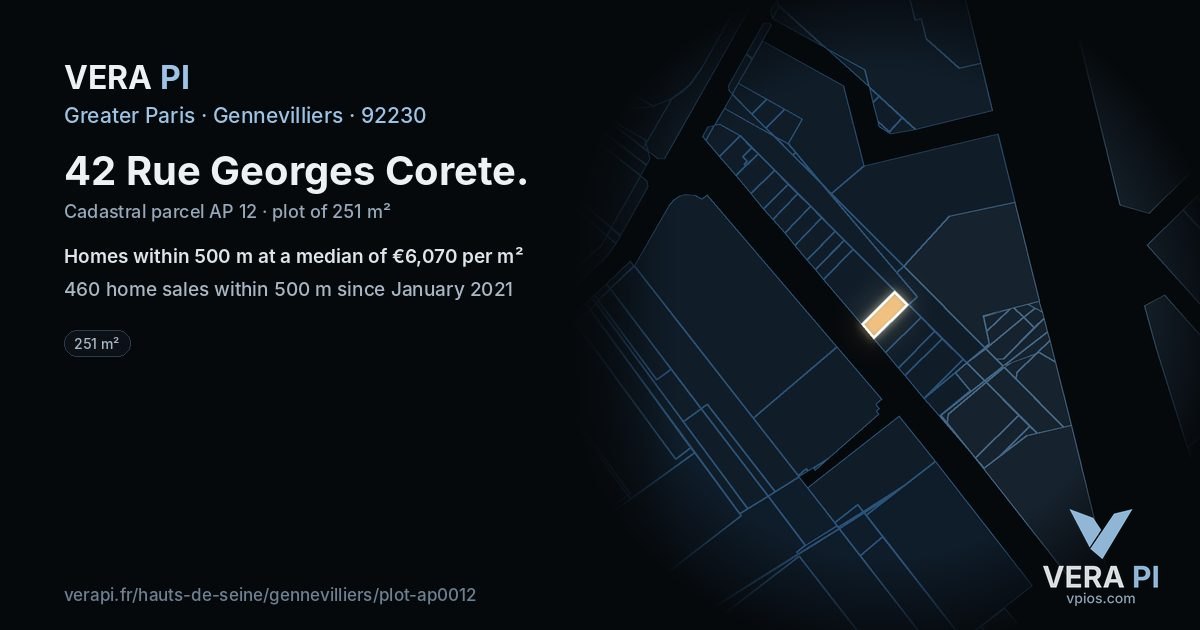 42 Rue Georges Corete, Gennevilliers at night – the plot lit, the parcels around coloured by the prices near them