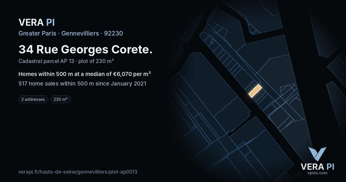 34 Rue Georges Corete, Gennevilliers at night – the plot lit, the parcels around coloured by the prices near them