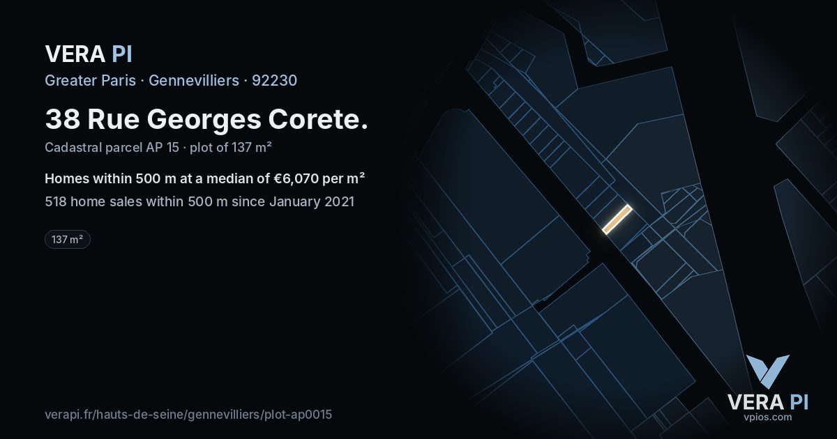 38 Rue Georges Corete, Gennevilliers at night – the plot lit, the parcels around coloured by the prices near them