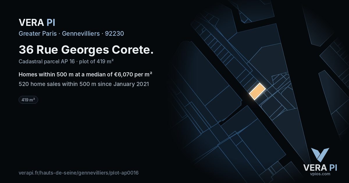 36 Rue Georges Corete, Gennevilliers at night – the plot lit, the parcels around coloured by the prices near them
