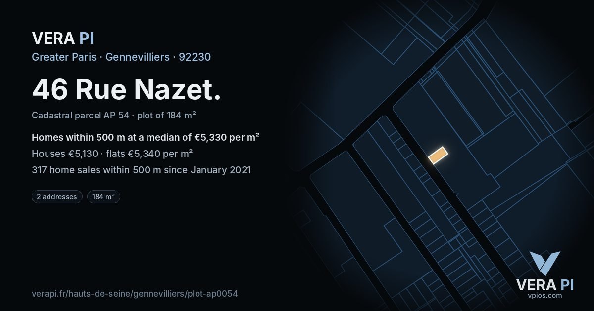 46 Rue Nazet, Gennevilliers at night – the plot lit, the parcels around coloured by the prices near them