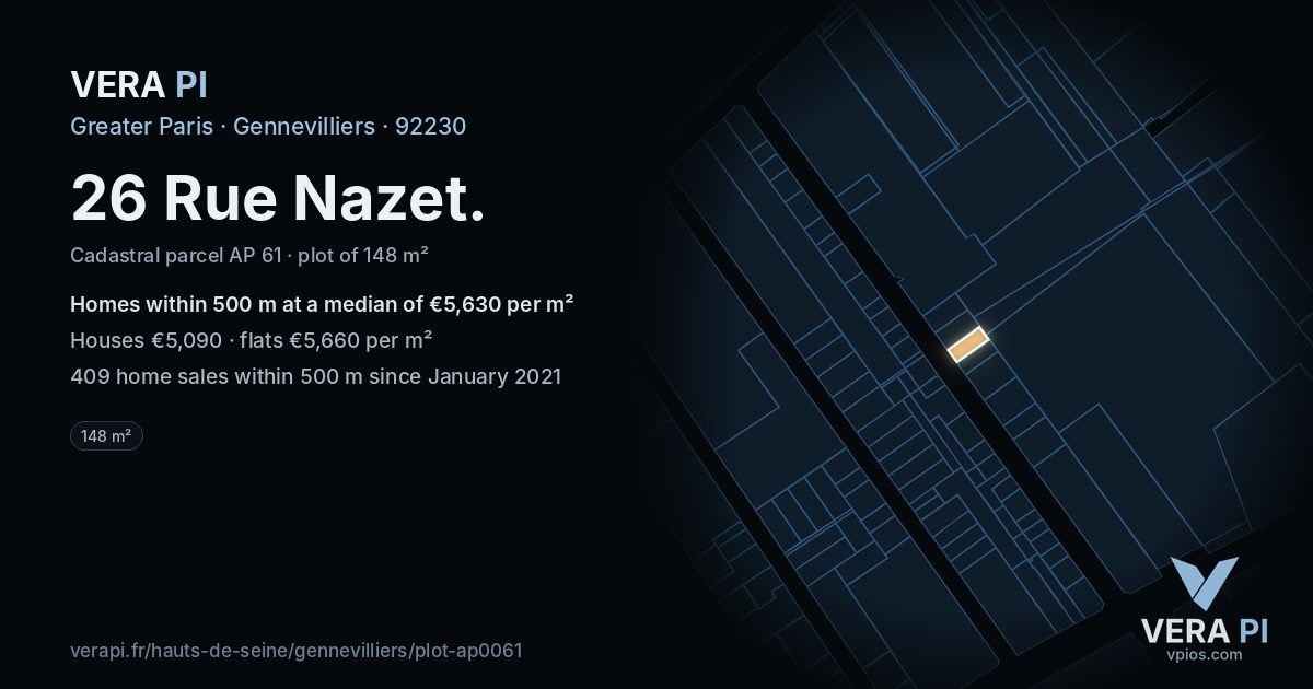 26 Rue Nazet, Gennevilliers at night – the plot lit, the parcels around coloured by the prices near them