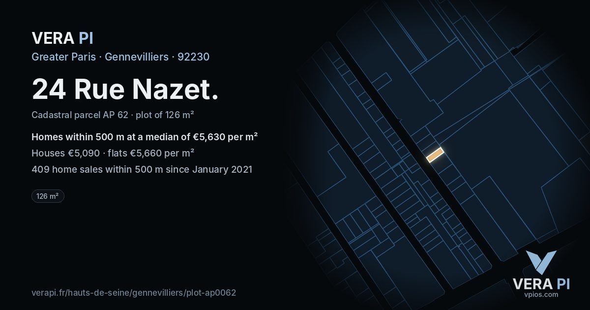 24 Rue Nazet, Gennevilliers at night – the plot lit, the parcels around coloured by the prices near them