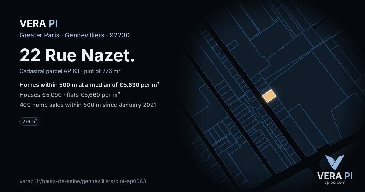 22 Rue Nazet, Gennevilliers at night – the plot lit, the parcels around coloured by the prices near them