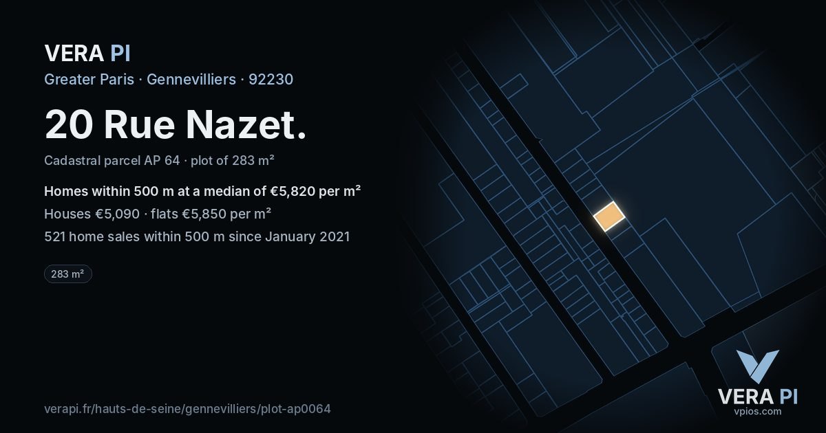 20 Rue Nazet, Gennevilliers at night – the plot lit, the parcels around coloured by the prices near them