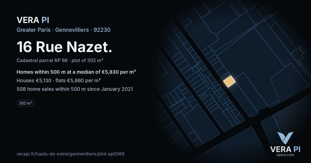 16 Rue Nazet, Gennevilliers at night – the plot lit, the parcels around coloured by the prices near them