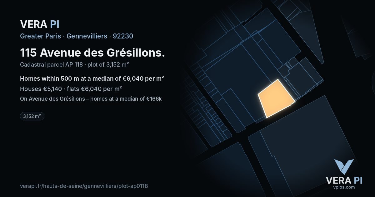 115 Avenue des Grésillons, Gennevilliers at night – the plot lit, the parcels around coloured by the prices near them