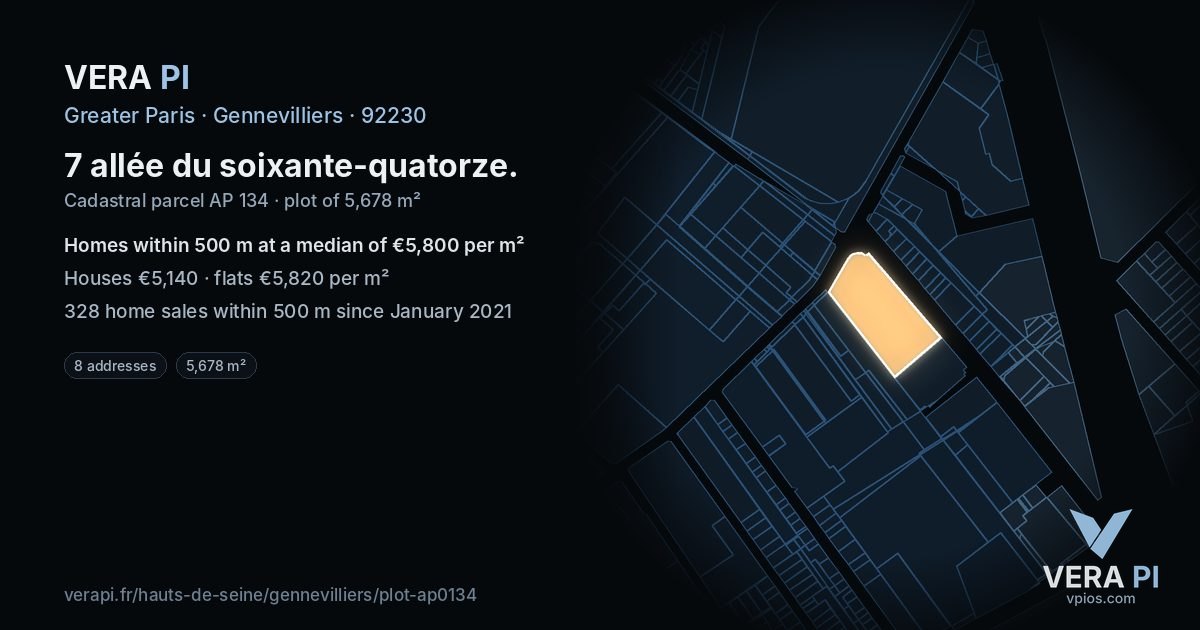 7 allée du soixante-quatorze, Gennevilliers at night – the plot lit, the parcels around coloured by the prices near them