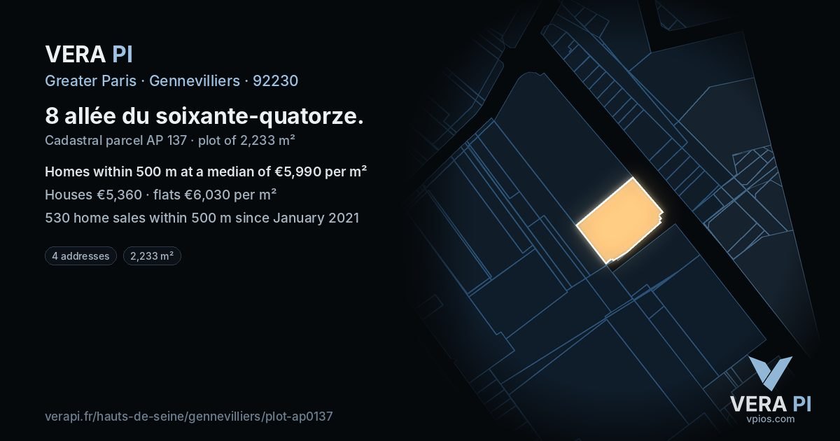 8 allée du soixante-quatorze, Gennevilliers at night – the plot lit, the parcels around coloured by the prices near them
