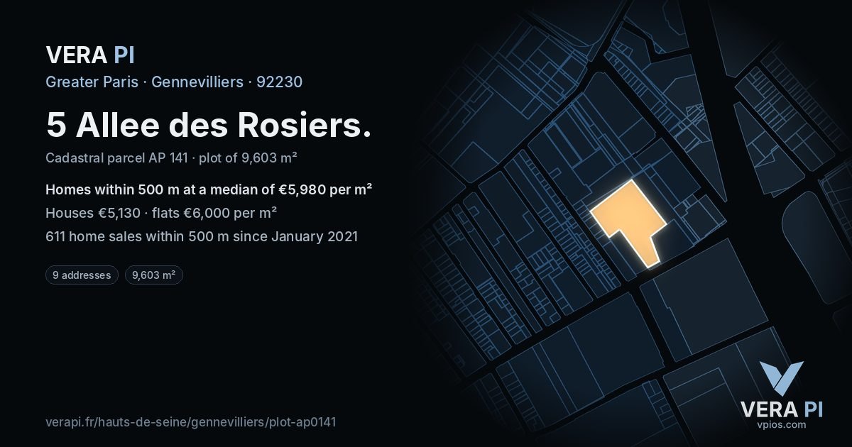 5 Allee des Rosiers, Gennevilliers at night – the plot lit, the parcels around coloured by the prices near them