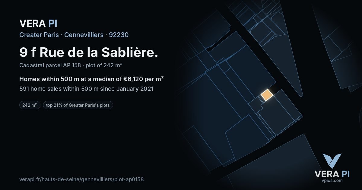 9 f Rue de la Sablière, Gennevilliers at night – the plot lit, the parcels around coloured by the prices near them