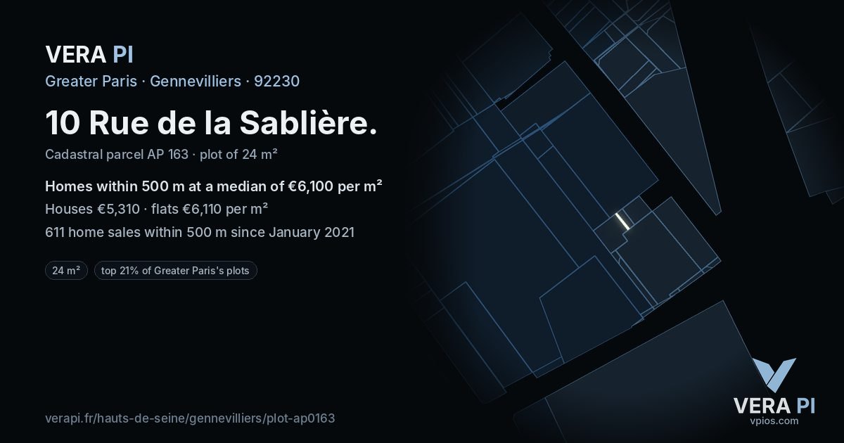 10 Rue de la Sablière, Gennevilliers at night – the plot lit, the parcels around coloured by the prices near them