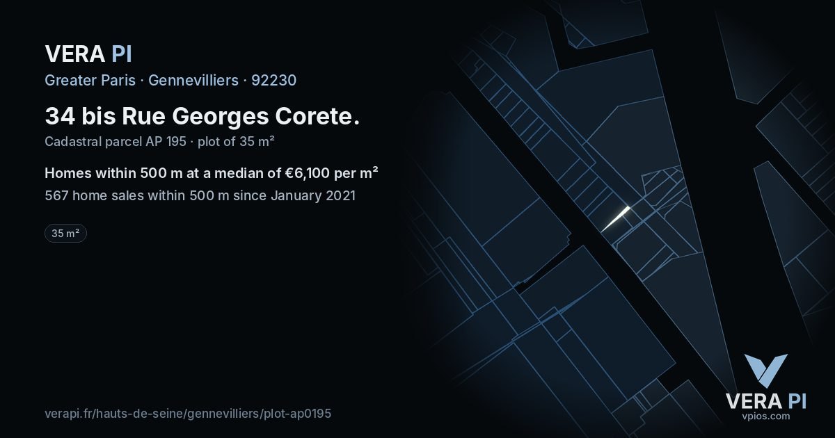 34 bis Rue Georges Corete, Gennevilliers at night – the plot lit, the parcels around coloured by the prices near them
