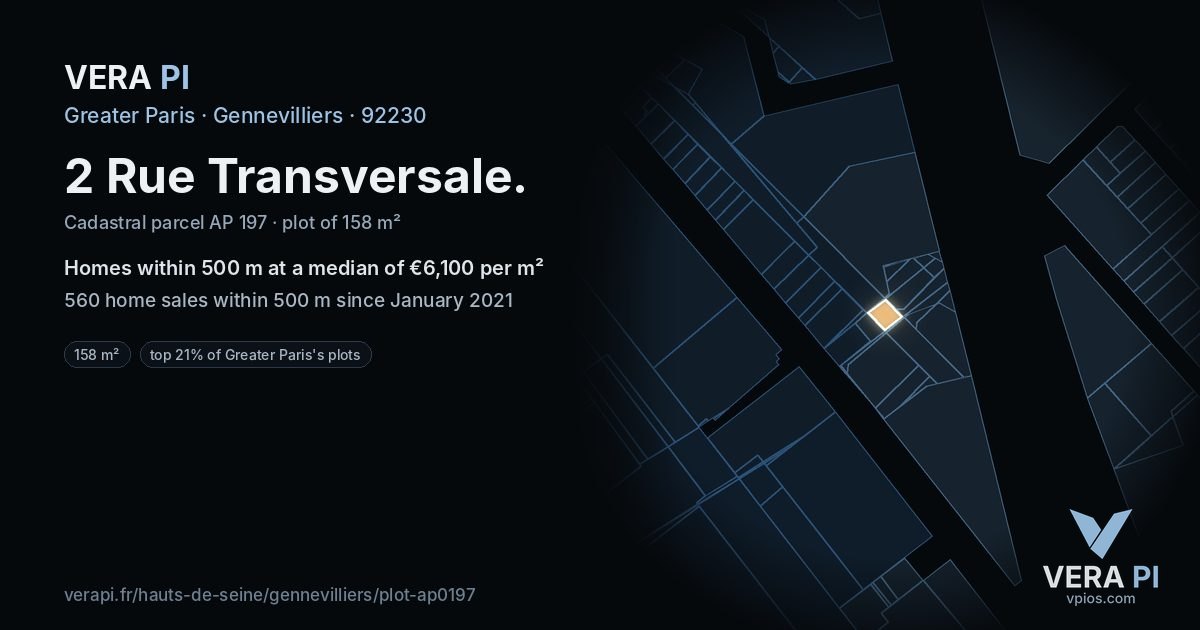 2 Rue Transversale, Gennevilliers at night – the plot lit, the parcels around coloured by the prices near them