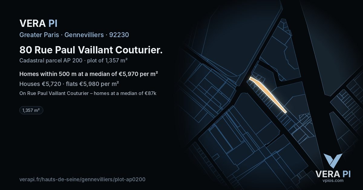 80 Rue Paul Vaillant Couturier, Gennevilliers at night – the plot lit, the parcels around coloured by the prices near them