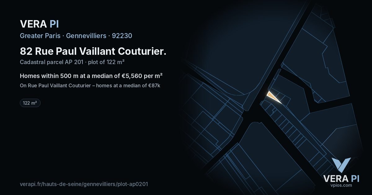 82 Rue Paul Vaillant Couturier, Gennevilliers at night – the plot lit, the parcels around coloured by the prices near them