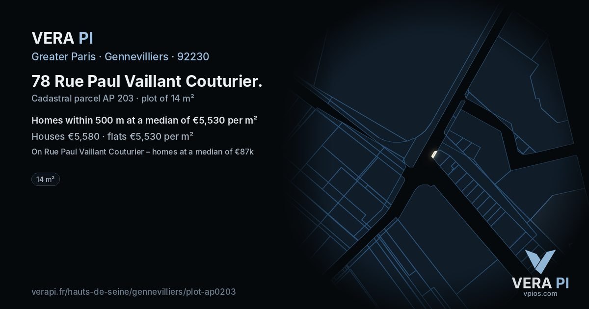 78 Rue Paul Vaillant Couturier, Gennevilliers at night – the plot lit, the parcels around coloured by the prices near them
