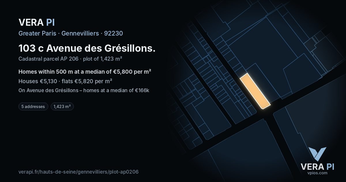 103 c Avenue des Grésillons, Gennevilliers at night – the plot lit, the parcels around coloured by the prices near them