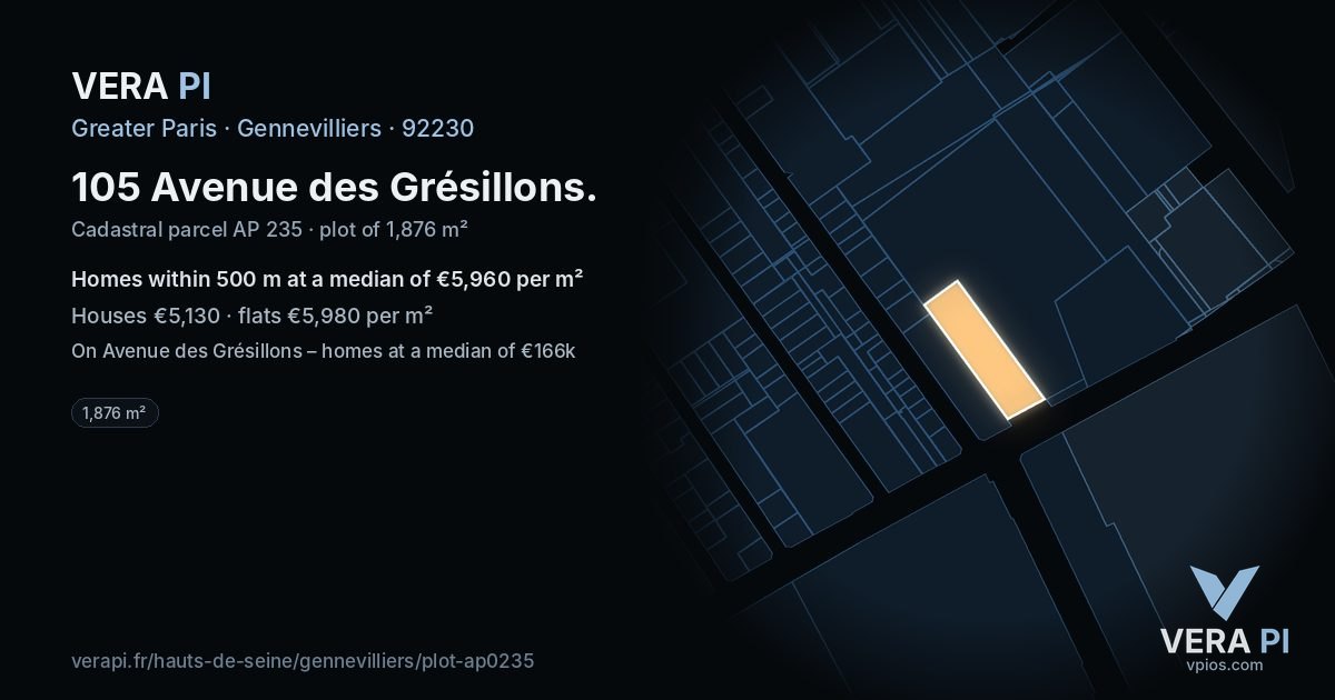 105 Avenue des Grésillons, Gennevilliers at night – the plot lit, the parcels around coloured by the prices near them