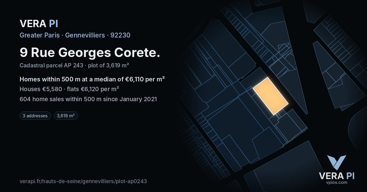 9 Rue Georges Corete, Gennevilliers at night – the plot lit, the parcels around coloured by the prices near them