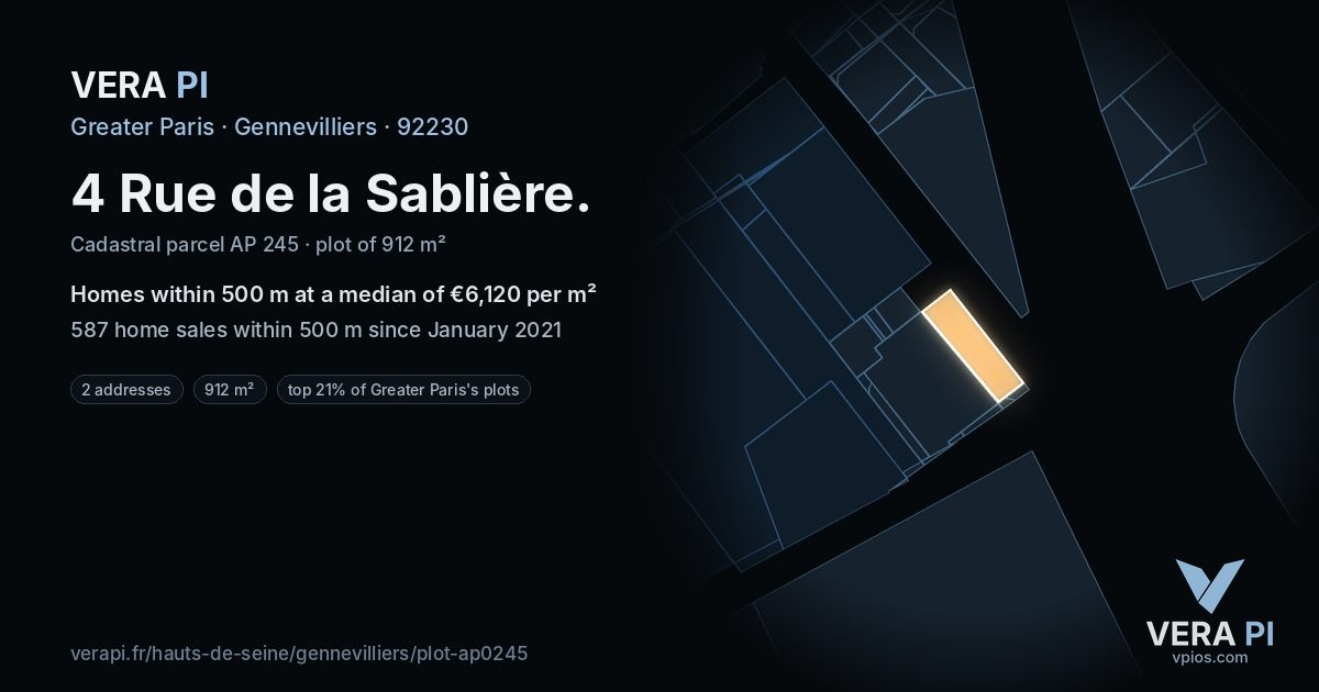 4 Rue de la Sablière, Gennevilliers at night – the plot lit, the parcels around coloured by the prices near them