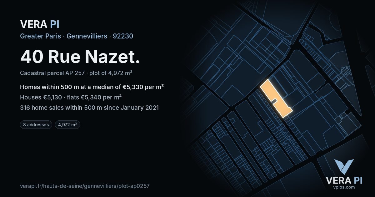 40 Rue Nazet, Gennevilliers at night – the plot lit, the parcels around coloured by the prices near them