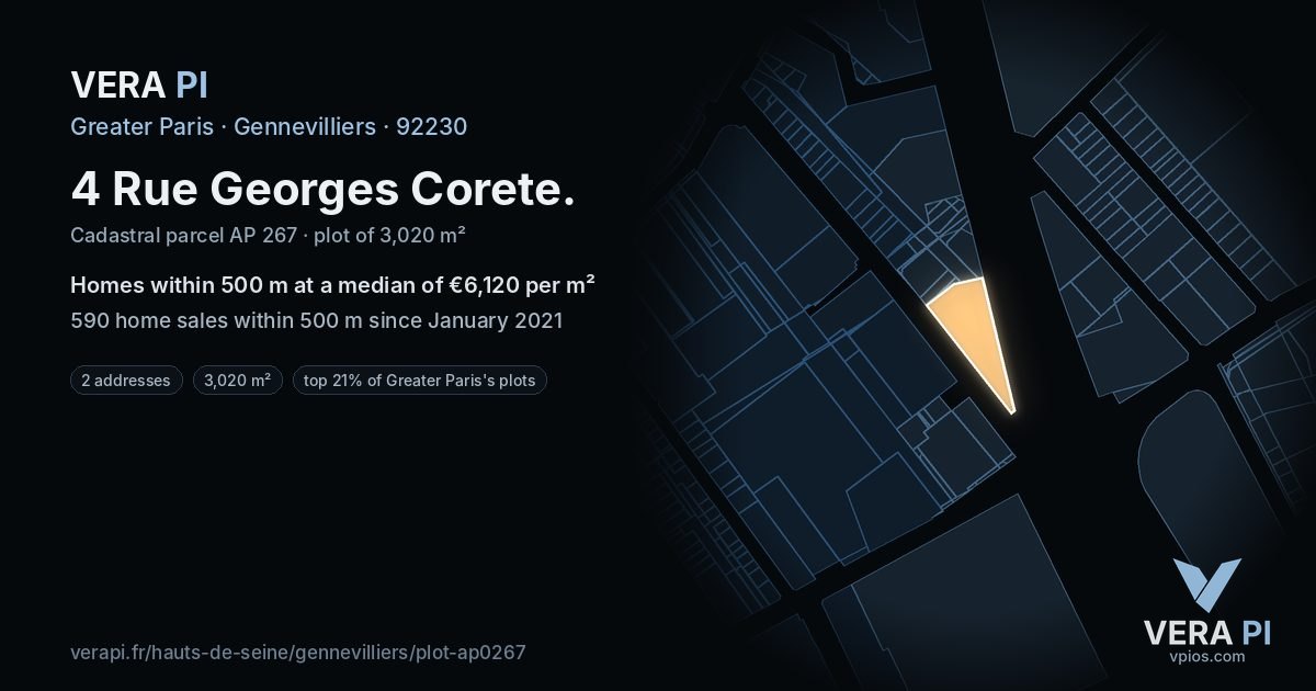 4 Rue Georges Corete, Gennevilliers at night – the plot lit, the parcels around coloured by the prices near them