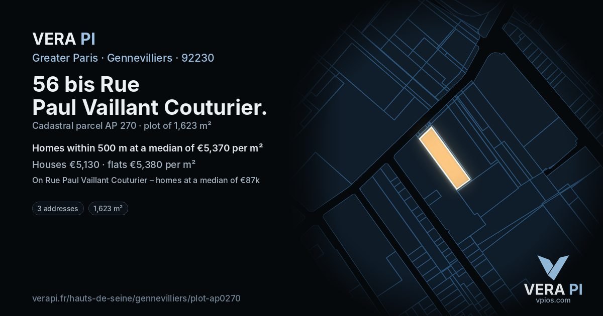 56 bis Rue Paul Vaillant Couturier, Gennevilliers at night – the plot lit, the parcels around coloured by the prices near them