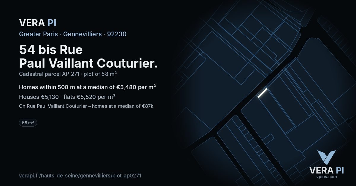 54 bis Rue Paul Vaillant Couturier, Gennevilliers at night – the plot lit, the parcels around coloured by the prices near them
