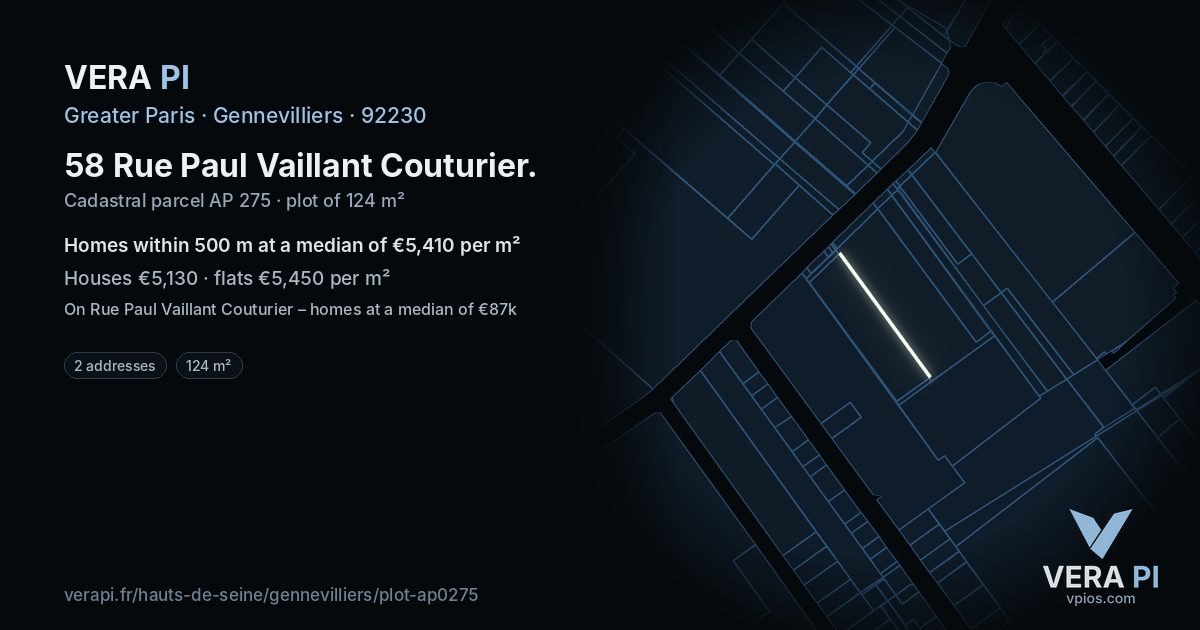 58 Rue Paul Vaillant Couturier, Gennevilliers at night – the plot lit, the parcels around coloured by the prices near them