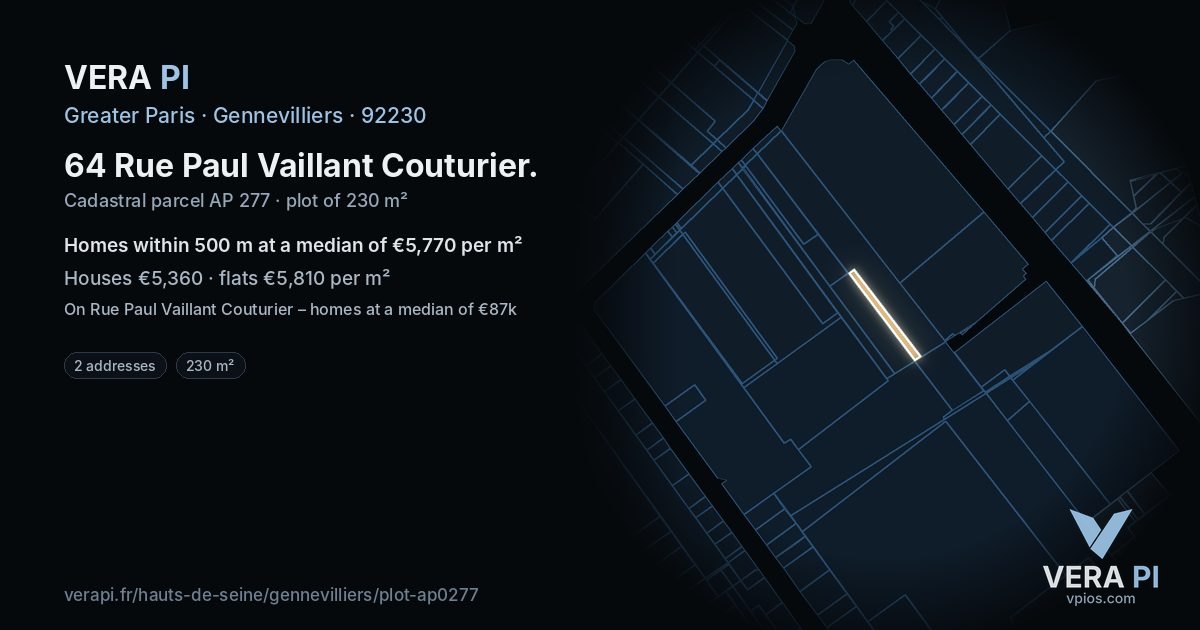 64 Rue Paul Vaillant Couturier, Gennevilliers at night – the plot lit, the parcels around coloured by the prices near them